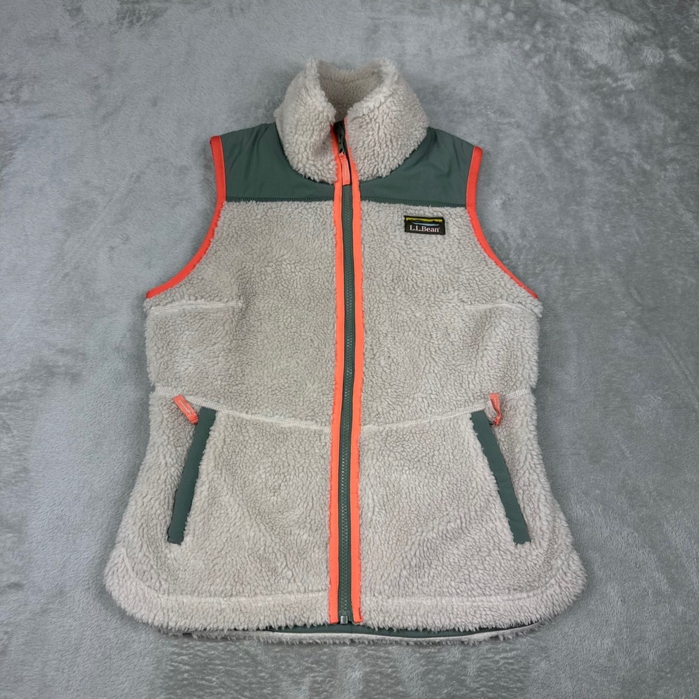 L.L.Bean Sz XS Fleece Vest Women Bean's Sherpa Zip Up Green Coral Trim Pockets